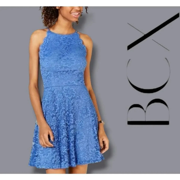 BCX Juniors Blue Scallop Halter A-Line Lace Dress Size 11 Party Cocktail Formal - Picture 9 of 10